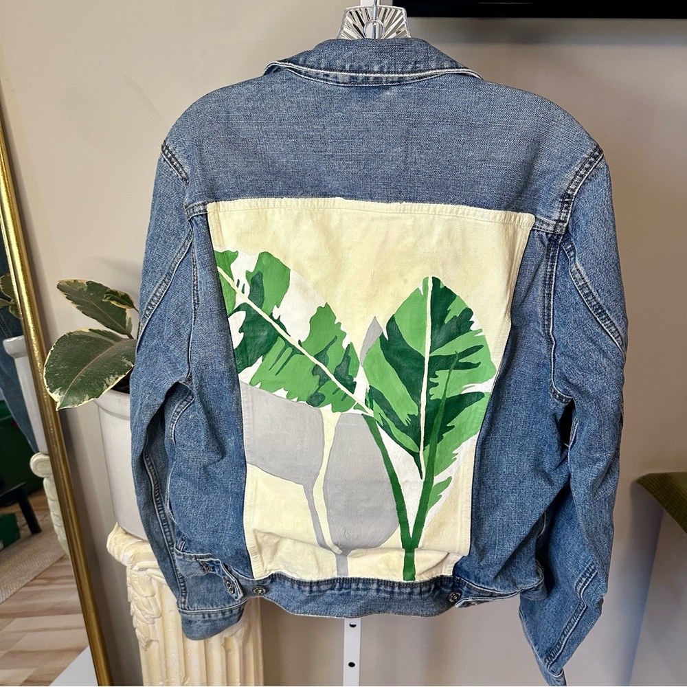 Denim Jacket with Custom Painted Leaf Print